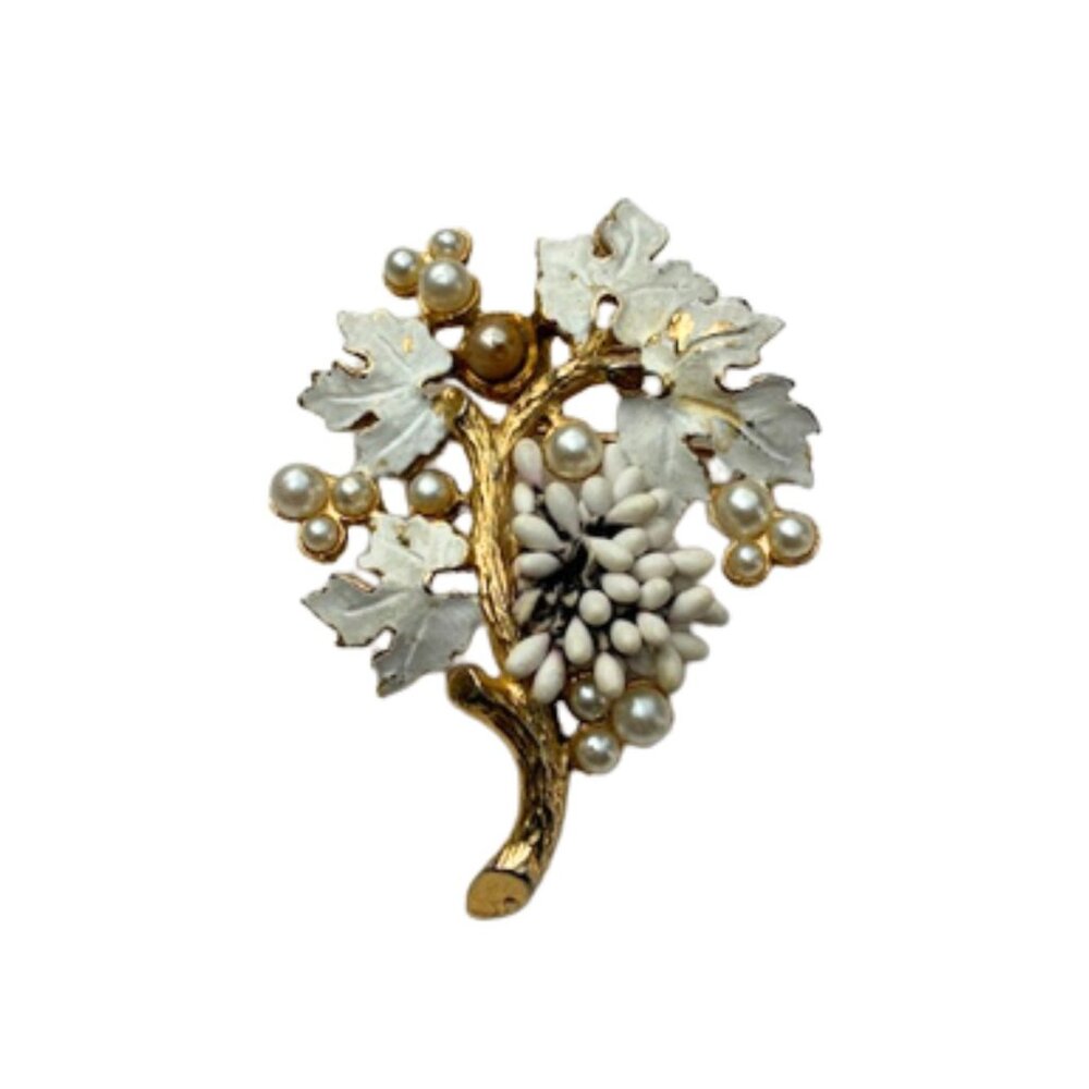 Vintage Florenza GrapeVine Brooch White Enamel Movable Pearls